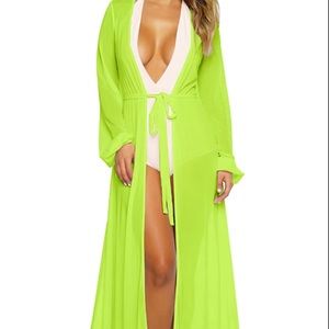 Long Sleeve Tie Front Mesh Beach Maxi Cover Up